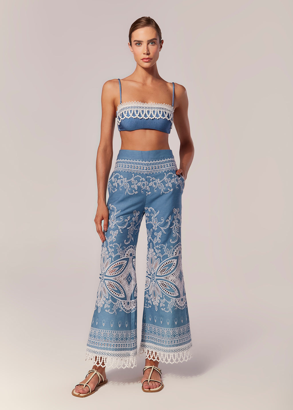 FULL EMBROIDERED WIDE-LEG PANTS CHAMBRAY KASHAN