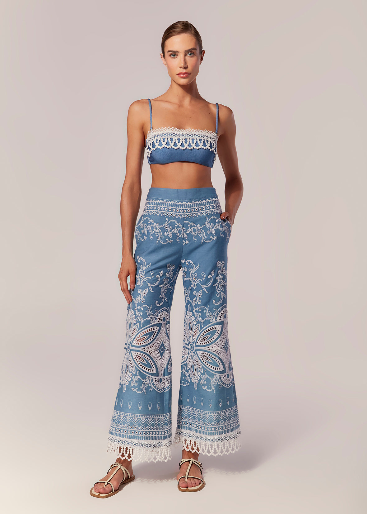 FULL EMBROIDERED WIDE-LEG PANTS CHAMBRAY KASHAN